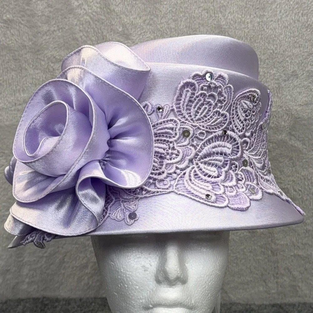 Mr. Hi's Classic Hat Cloche Womens Purple Satin Ruffle Sequin Derby Party Church